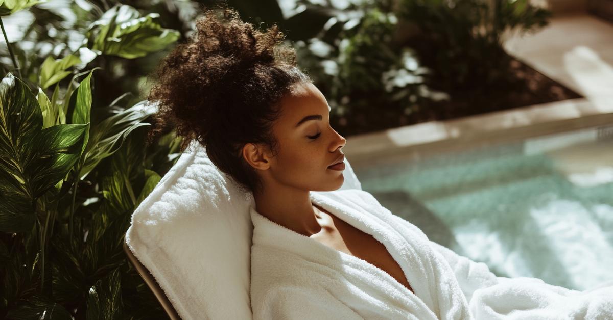 Black woman in a white robe sitting in a sunlit room with lush plants, practicing intentional rest and self-care.