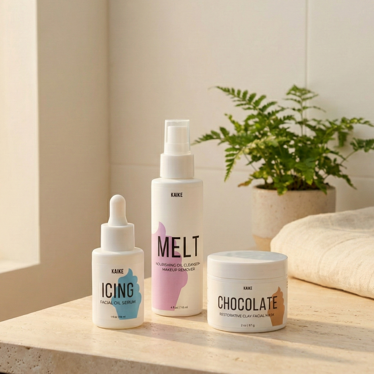 KAIKE skincare products on a naturally lit bathroom countertop